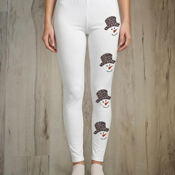 Pants - Snowman Print Fleece Lined Leggings Womens Med Winter Graphic Cozy Stretch Pants